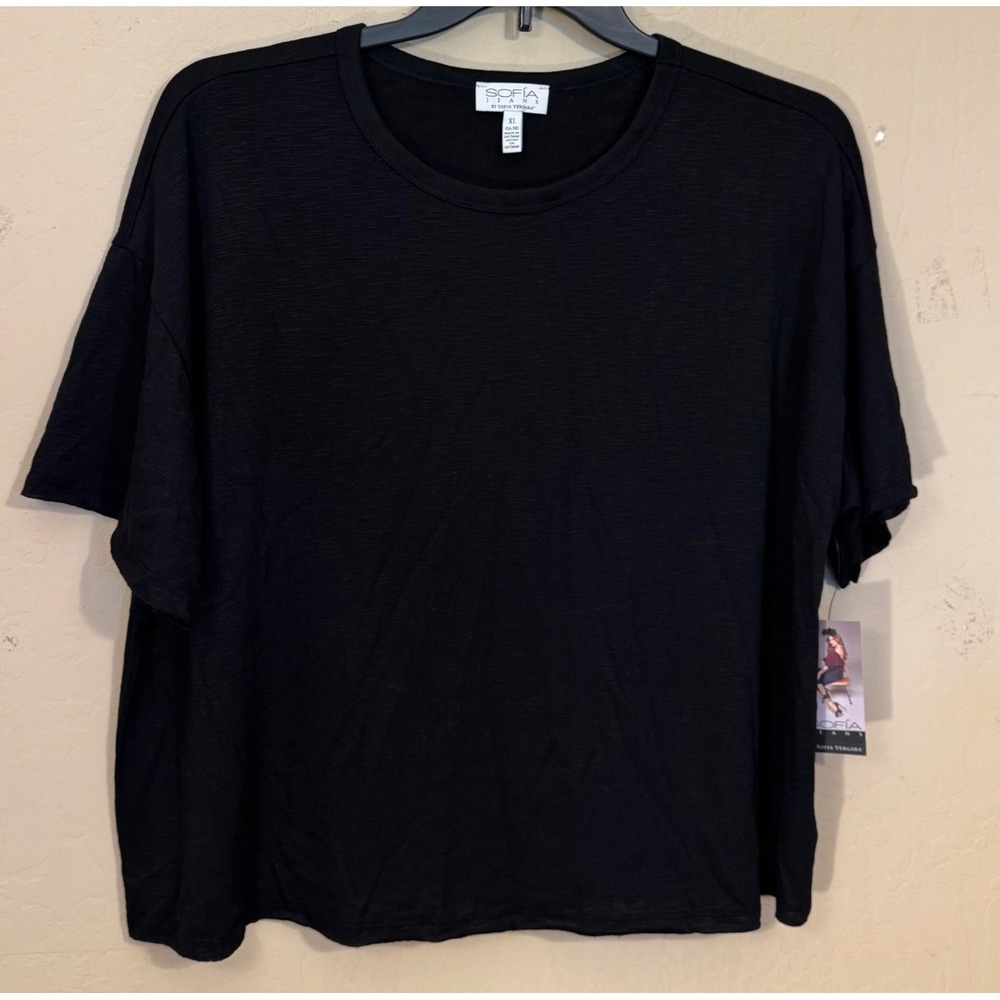 Sofia Jeans T-Shirt Women XL Black Relaxed Fit Slub Knit Sofia Tee Boxy NEW